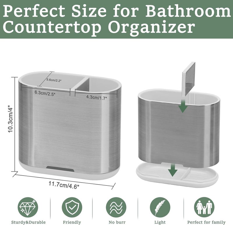 Chintu Toothbrush and Toothpaste Holder with Divider for Bathroom Countertop Organizer, 2 Slots Electric Toothbrush Holders Storage Caddy Drainage for Family, Kids (Brushed Silver) - Image 4